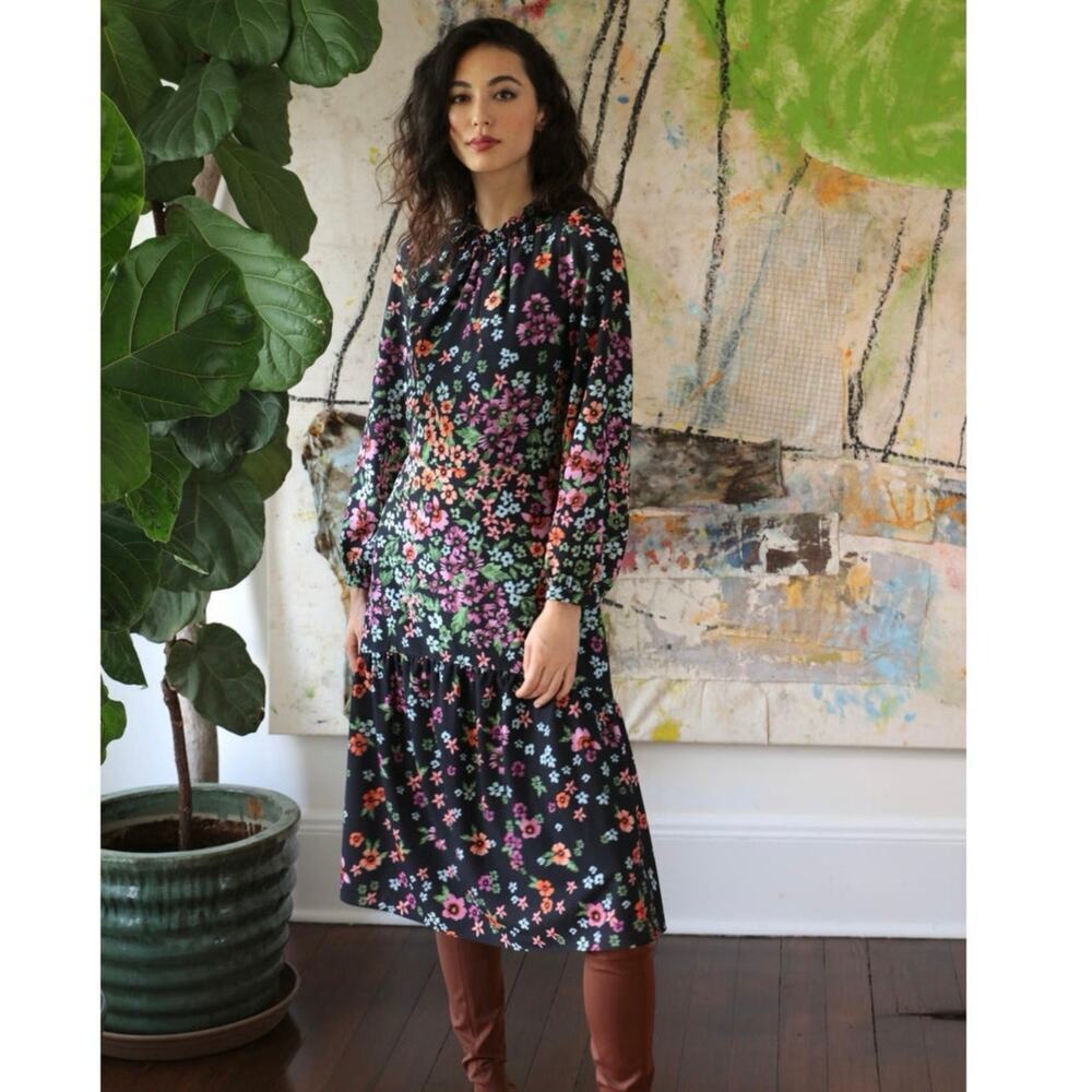 Maggy London Kiri Black Floral Midi Dress Long Sleeve A Line 12 - Picture 8 of 16